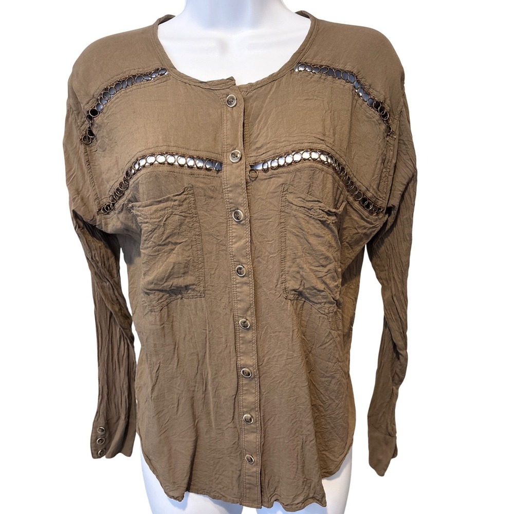 Free People Womens Olive Green Button Down Top Metal Rings Sz XS Boho Earthy